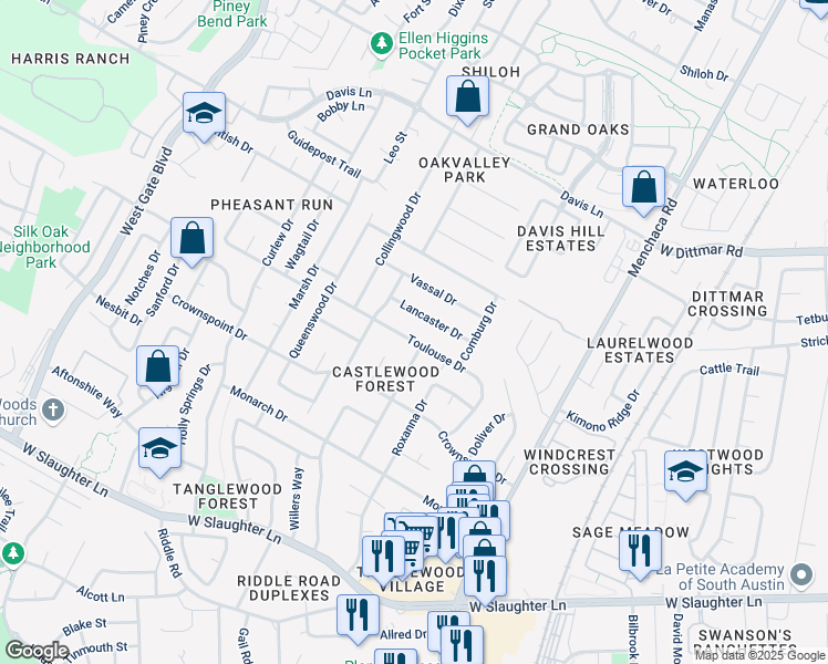 map of restaurants, bars, coffee shops, grocery stores, and more near 2402 Toulouse Dr in Austin