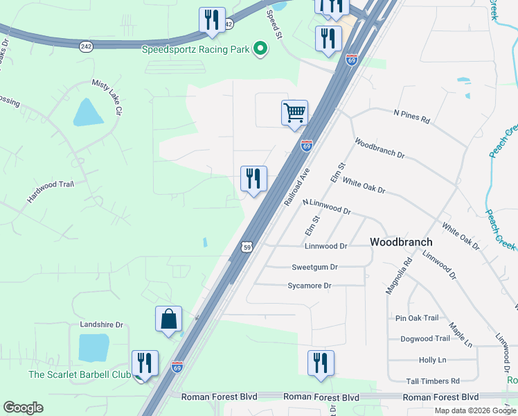 map of restaurants, bars, coffee shops, grocery stores, and more near 18110 U.S. 59 in New Caney