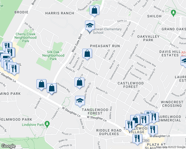 map of restaurants, bars, coffee shops, grocery stores, and more near 2715 Crownspoint Drive in Austin
