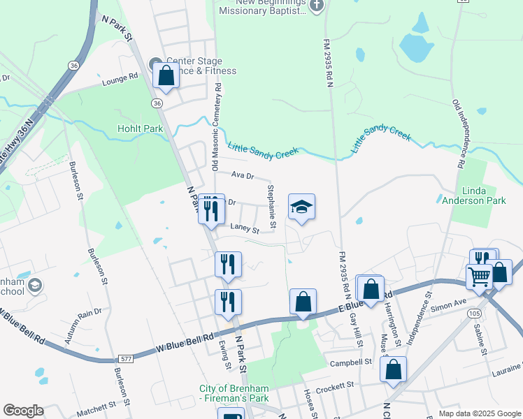 map of restaurants, bars, coffee shops, grocery stores, and more near 1710 Dixon Lane in Brenham