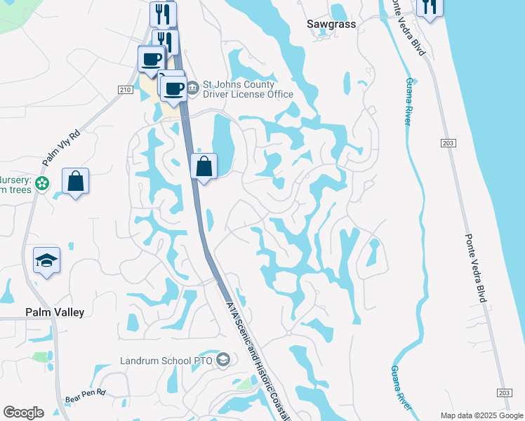 map of restaurants, bars, coffee shops, grocery stores, and more near 3 Walker's Ridge Drive in Ponte Vedra Beach