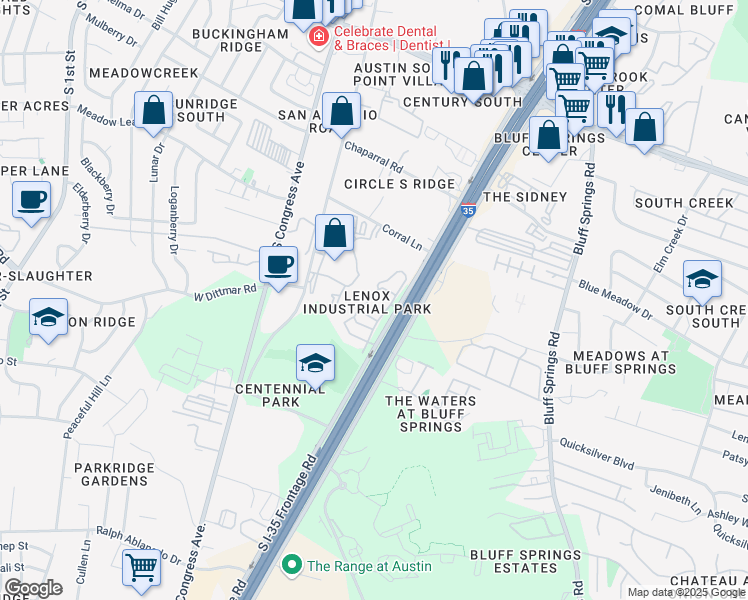 map of restaurants, bars, coffee shops, grocery stores, and more near 7340 South Interstate 35 Frontage Road in Austin