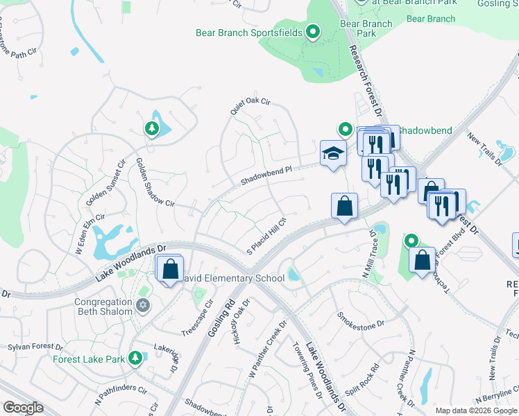 map of restaurants, bars, coffee shops, grocery stores, and more near 7 Robin Springs Place in Spring