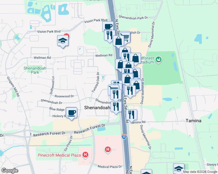 map of restaurants, bars, coffee shops, grocery stores, and more near 28943 Enchanted Drive in Shenandoah