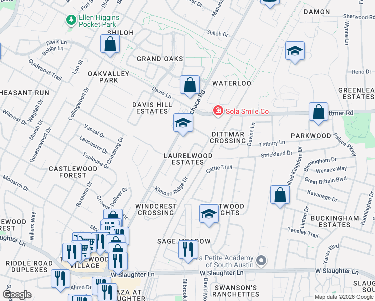 map of restaurants, bars, coffee shops, grocery stores, and more near 8820 Frock Court in Austin