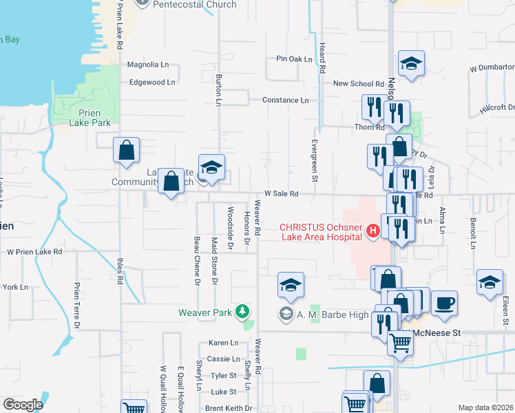map of restaurants, bars, coffee shops, grocery stores, and more near 4102 Weaver Road in Lake Charles