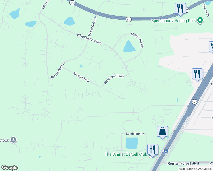 map of restaurants, bars, coffee shops, grocery stores, and more near 21987 Blazing Trail in New Caney