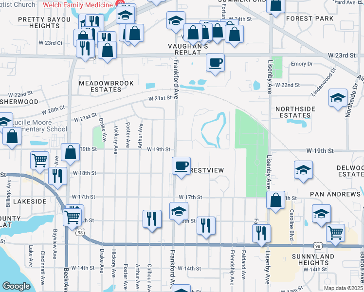 map of restaurants, bars, coffee shops, grocery stores, and more near 1914 Frankford Avenue in Panama City