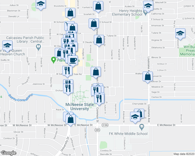 map of restaurants, bars, coffee shops, grocery stores, and more near Common Street in Lake Charles
