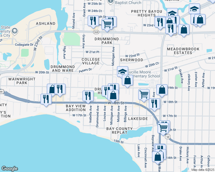 map of restaurants, bars, coffee shops, grocery stores, and more near 1902 Louise Avenue in Panama City