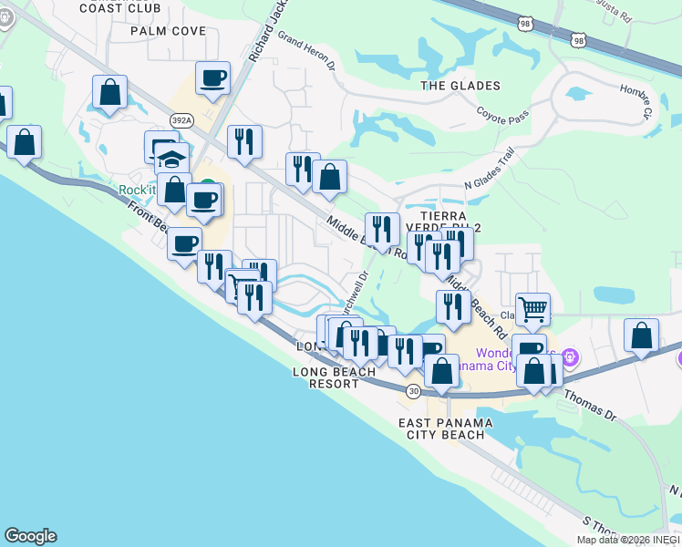 map of restaurants, bars, coffee shops, grocery stores, and more near 108 Tonya Lane in Panama City Beach