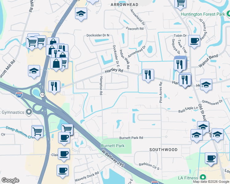 map of restaurants, bars, coffee shops, grocery stores, and more near 3644 Ballestero Drive South in Jacksonville