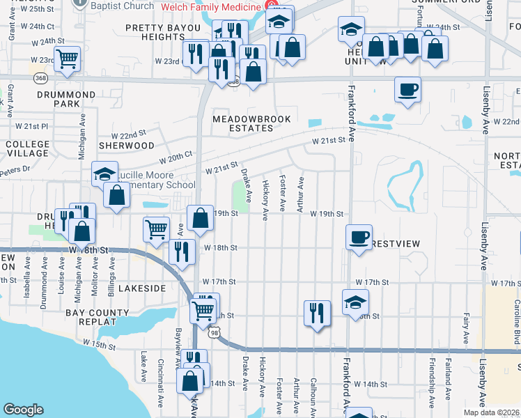 map of restaurants, bars, coffee shops, grocery stores, and more near 2610 West 19th Street in Panama City