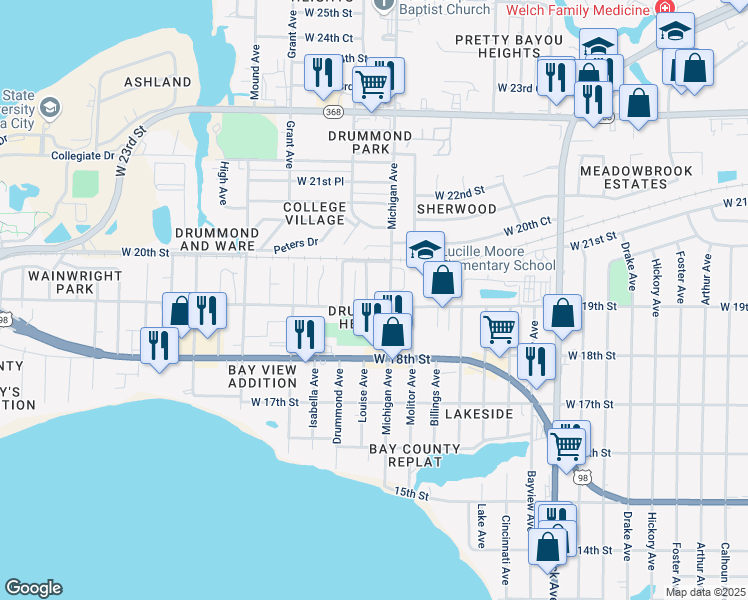 map of restaurants, bars, coffee shops, grocery stores, and more near 1901 Louise Avenue in Panama City