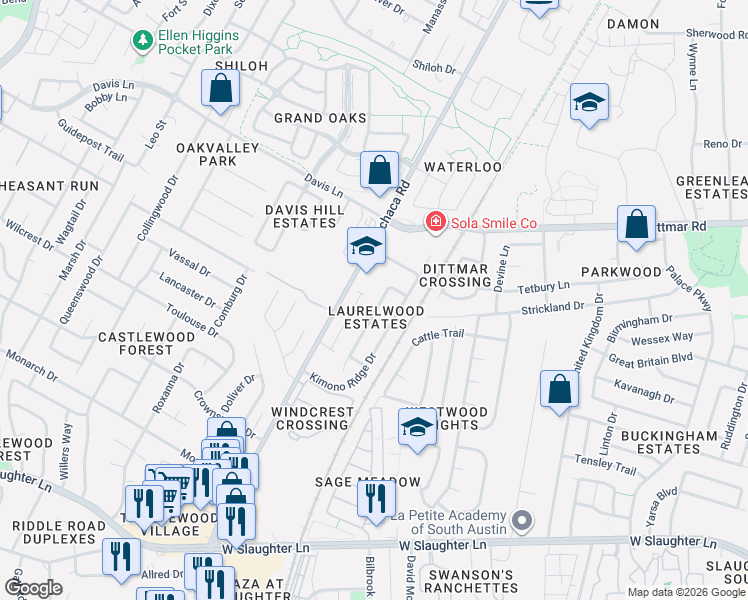 map of restaurants, bars, coffee shops, grocery stores, and more near 8820 Frock Court in Austin