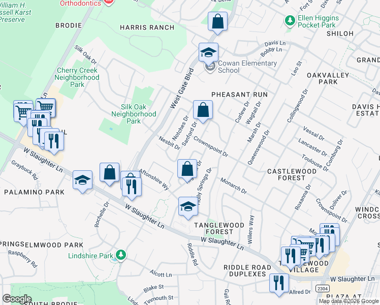 map of restaurants, bars, coffee shops, grocery stores, and more near 9604 Sugar Hill Drive in Austin