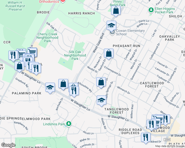 map of restaurants, bars, coffee shops, grocery stores, and more near 2945 Lagerway Cove in Austin
