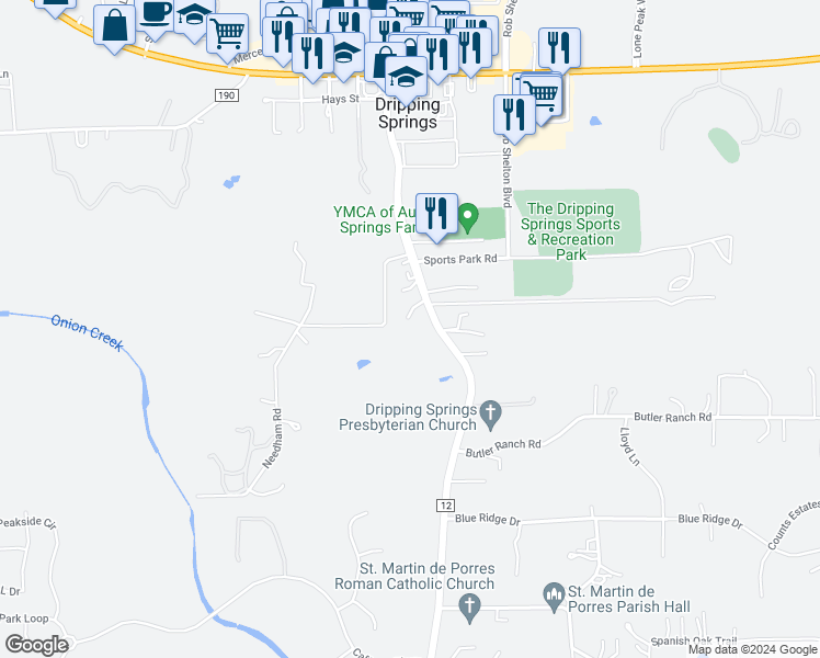 map of restaurants, bars, coffee shops, grocery stores, and more near 111 A B Chestnut Ridge in Dripping Springs