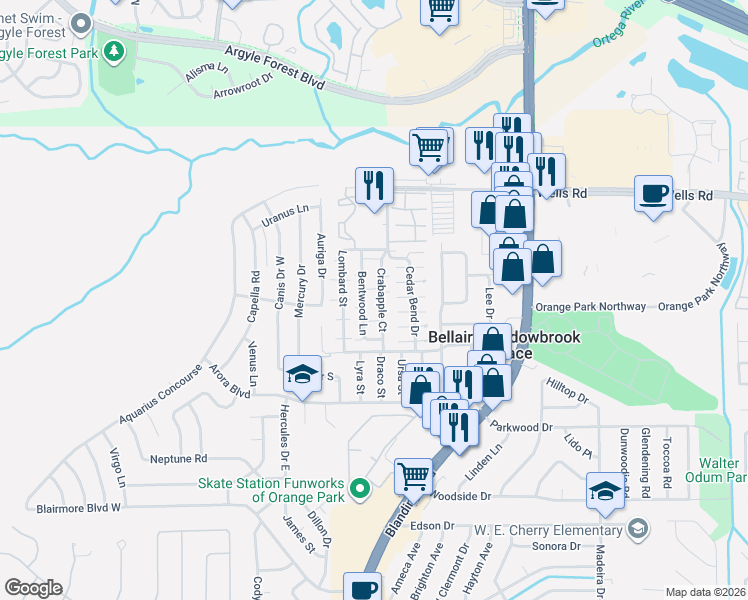 map of restaurants, bars, coffee shops, grocery stores, and more near 465 Crabapple Court in Orange Park