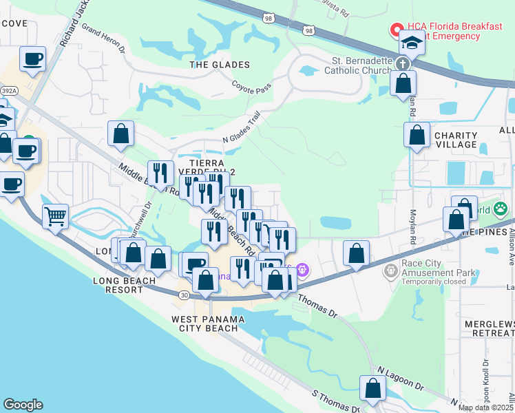 map of restaurants, bars, coffee shops, grocery stores, and more near 103 Willoughby Bay Boulevard in Panama City Beach