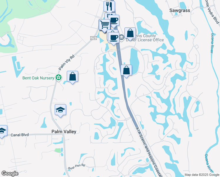map of restaurants, bars, coffee shops, grocery stores, and more near 100 Bay Hill Court in Ponte Vedra Beach