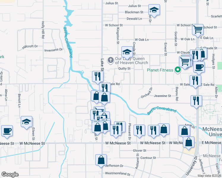 map of restaurants, bars, coffee shops, grocery stores, and more near 717 W Sale Rd in Lake Charles