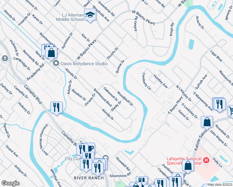 map of restaurants, bars, coffee shops, grocery stores, and more near 208 Woodbluff Drive in Lafayette