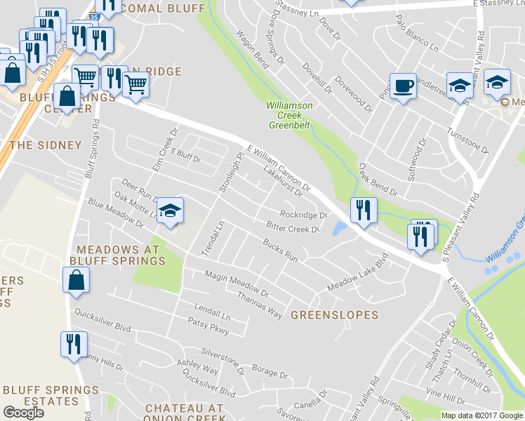 map of restaurants, bars, coffee shops, grocery stores, and more near 2401 Rockridge Drive in Austin