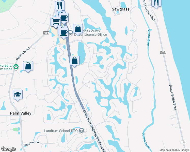 map of restaurants, bars, coffee shops, grocery stores, and more near 3 Walker's Ridge Drive in Ponte Vedra Beach
