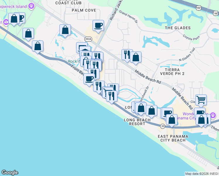 map of restaurants, bars, coffee shops, grocery stores, and more near 128 Robin Lane in Panama City Beach