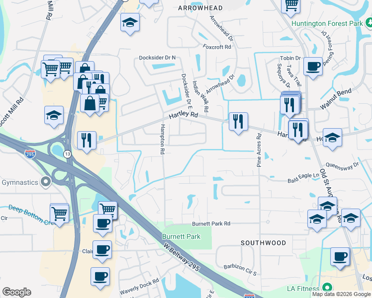 map of restaurants, bars, coffee shops, grocery stores, and more near 3644 Ballestero Drive South in Jacksonville