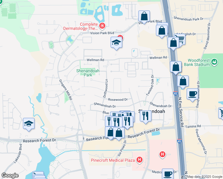 map of restaurants, bars, coffee shops, grocery stores, and more near 29007 Elmwood Drive in Shenandoah