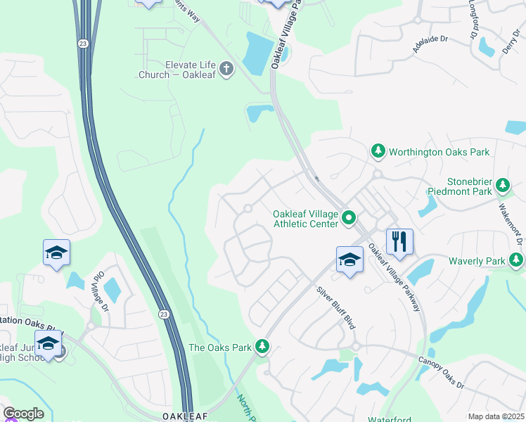 map of restaurants, bars, coffee shops, grocery stores, and more near 952 Steeple Chase Lane in Orange Park