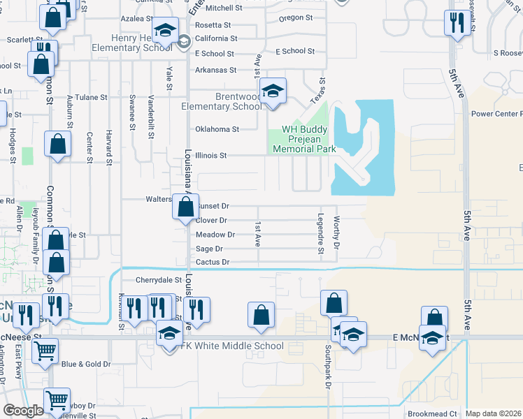 map of restaurants, bars, coffee shops, grocery stores, and more near 1400 Sunset Dr in Lake Charles