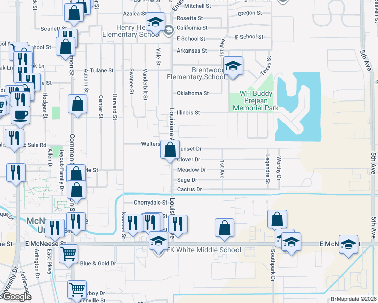 map of restaurants, bars, coffee shops, grocery stores, and more near 1200 Sunset Drive in Lake Charles