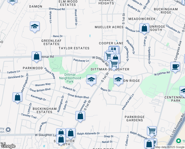 map of restaurants, bars, coffee shops, grocery stores, and more near 671 Mairo Street in Austin