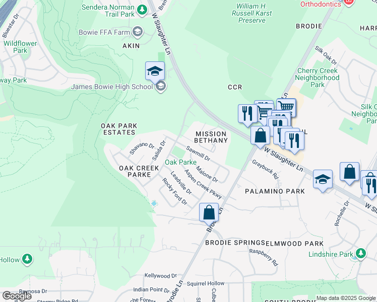 map of restaurants, bars, coffee shops, grocery stores, and more near 3721 Malone Drive in Austin