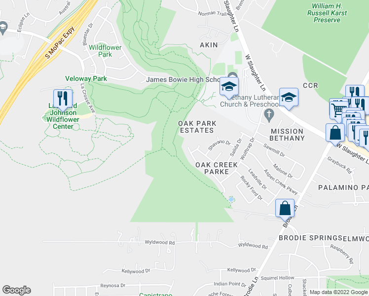 map of restaurants, bars, coffee shops, grocery stores, and more near 4105 Idalia Drive in Austin