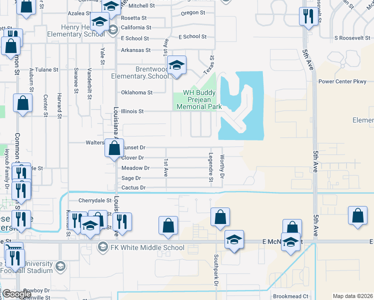 map of restaurants, bars, coffee shops, grocery stores, and more near 1508 Sunset Drive in Lake Charles