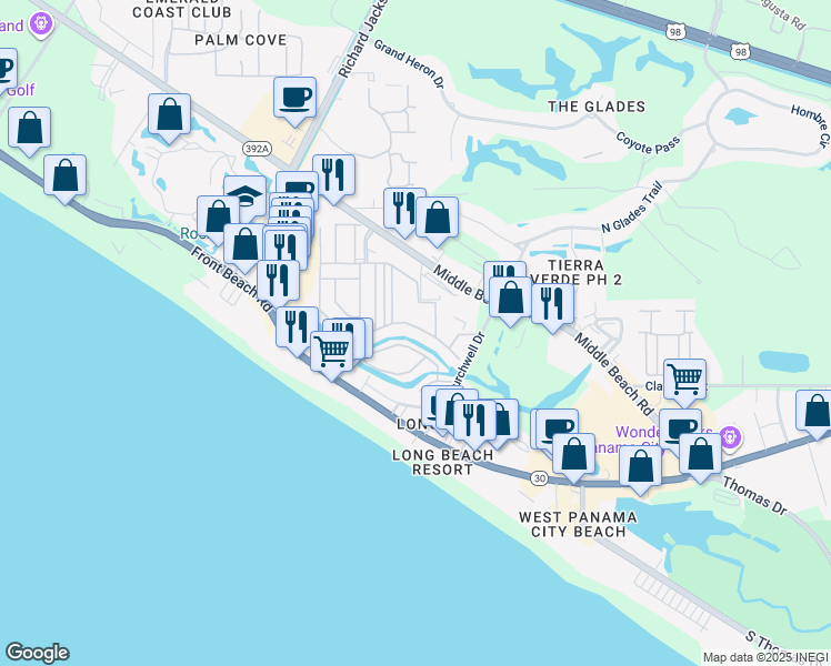 map of restaurants, bars, coffee shops, grocery stores, and more near 174 White Sandy Drive in Panama City Beach
