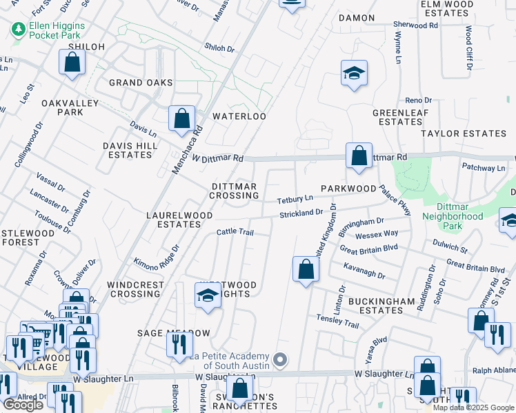 map of restaurants, bars, coffee shops, grocery stores, and more near 8702 Devine Lane in Austin
