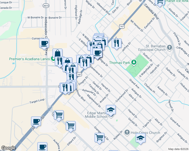 map of restaurants, bars, coffee shops, grocery stores, and more near 209 Harrell Drive in Lafayette