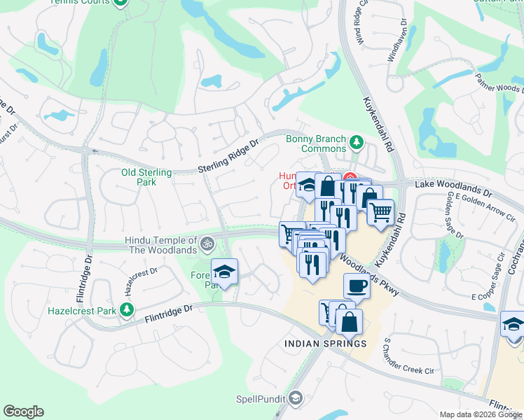 map of restaurants, bars, coffee shops, grocery stores, and more near 2 Dresden Place in Spring