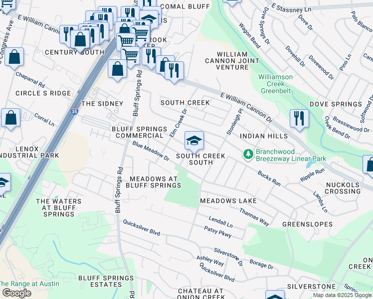 map of restaurants, bars, coffee shops, grocery stores, and more near 2111 Deer Run Drive in Austin