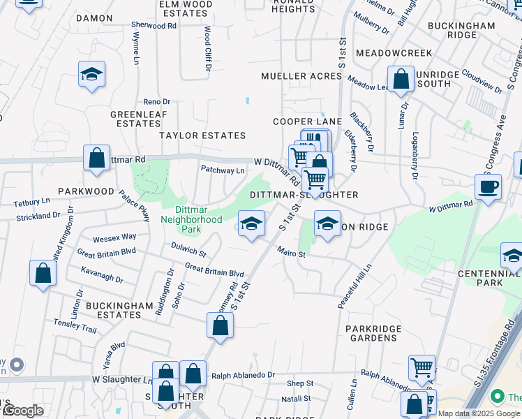 map of restaurants, bars, coffee shops, grocery stores, and more near 671 Mairo Street in Austin