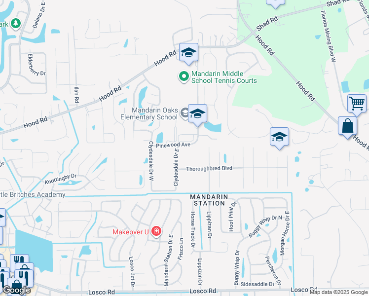 map of restaurants, bars, coffee shops, grocery stores, and more near 10701 Clydesdale Drive East in Jacksonville