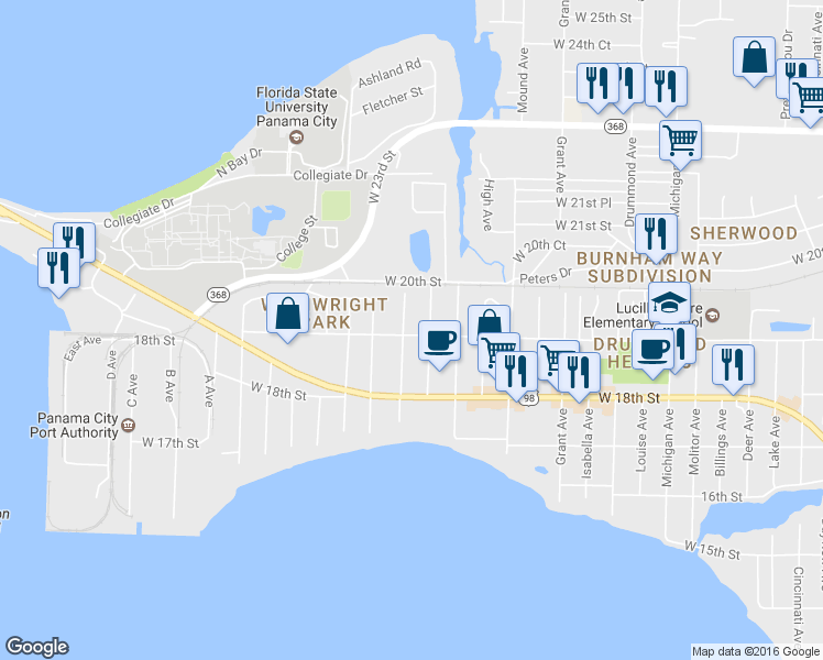 map of restaurants, bars, coffee shops, grocery stores, and more near 4408 West 19th Street in Panama City