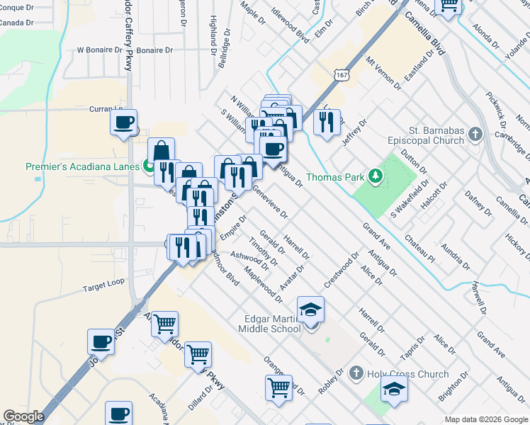 map of restaurants, bars, coffee shops, grocery stores, and more near 209 Harrell Drive in Lafayette