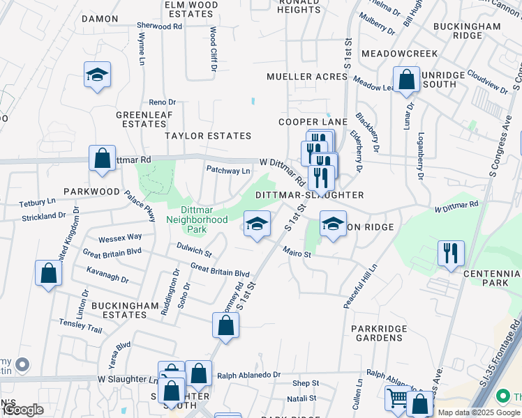 map of restaurants, bars, coffee shops, grocery stores, and more near 671 Mairo Street in Austin