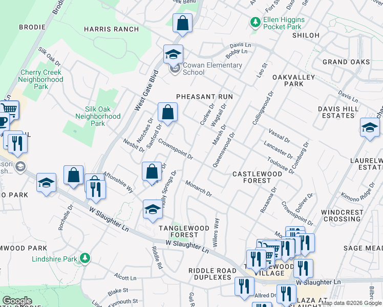 map of restaurants, bars, coffee shops, grocery stores, and more near 2605 Gadwall Cove in Austin